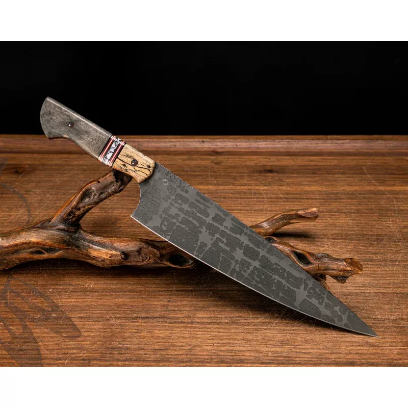 10-chef-blade-spalted-maple-black-g10-copper-cherry-g10-white-g10-pin-striping-w 10 Chef Blade- Spalted Maple, Black G10, Copper, Cherry G10 and White G10 Pin Striping, White Turquoise with Black Web Tru-stone Split, Buckeye, Copper Patriot Mosaic Pins, Smooth Grip