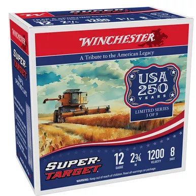 12 Gauge 2 3/4" 1 1/8oz 1200FPS Shot Size 8 Heavy Super Target Load Special 250th Anniversary Edition, Box of 25